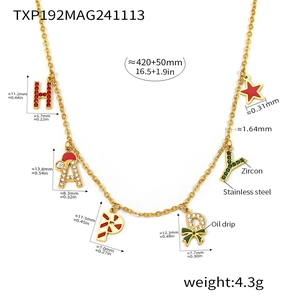 Detailed view of gold HAPPY letter necklace with red star pendant and dimensions