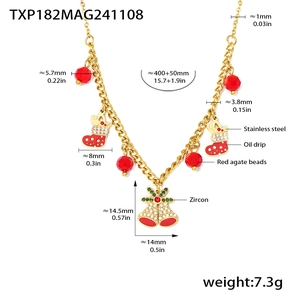 Detailed Christmas necklace view with red agate beads and zircon bell pendants