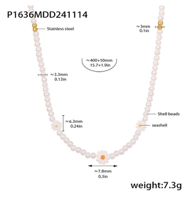 Spécifications détaillées du collier de perles marguerite avec dimensions et matériaux