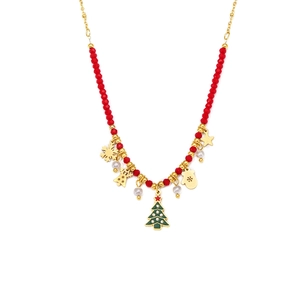 Christmas necklace with red faceted beads, 18K gold charms, and enamel tree pendants
