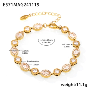 Detailed view of stainless steel bracelet with oval zircon stones and size specifications