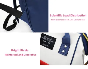 Detail showing reinforced stress points and stitching on the multi-colored diaper bag