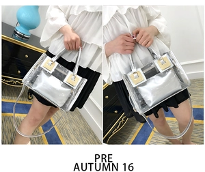 Dettaglio borsa in PVC trasparente con pochette interna argento e chiusura in metallo dorato