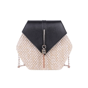 Chic hexagonal straw and leather crossbody bag with fringe tassel and gold chain strap