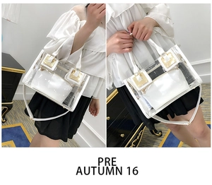 Dettaglio della borsa in PVC trasparente con pochette interna bianca e fibbie d'oro