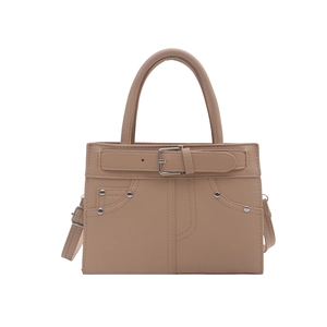 Sac à main chic en similicuir kaki avec motif de poche vintage et rivets argentés