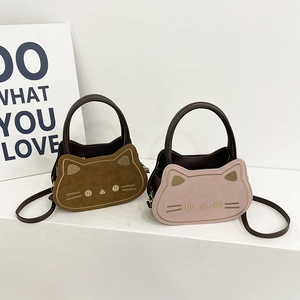 Cute cat-shaped crossbody handbag in pink and brown suede with 3D ears and embroidery