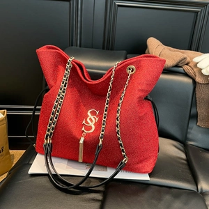 Sac Fourre-tout à Paillettes pour Femmes Avec Gland Lettre S Grande Capacité Bandoulière Chaîne Sac à Épaule Mode pour Fête Quotidien
