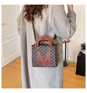 Detail of vintage monogram shoulder bag with large M applique and brown handles