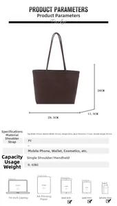 Detailed size chart for large PU leather tote bag with specific product dimensions