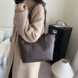 Vintage dark brown pebble leather tote bag with long straps for chic office commuting