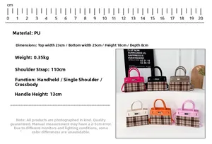 Detailed size chart for plaid PU leather handbag with specific dimensions and strap length