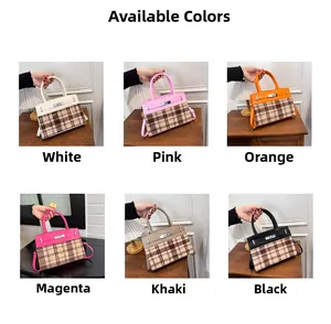 Detail view of contrast stitching and plaid patterns on multiple stylish crossbody bags