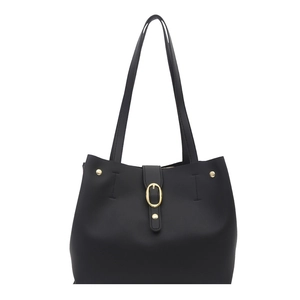 Minimalist black leather tote bag with large capacity and golden metal buckle detail