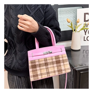 Detail van de roze lederen en geruite stoffen handtas met metalen gesp gedragen door model