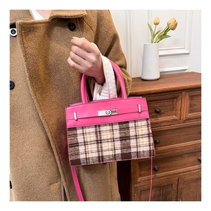 Detail van fuchsia lederen en geruite tweed handtas met zilveren metalen sluiting