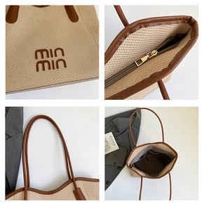 Detailed views of woven tote bag with brown leather trim and embroidered lettering logo