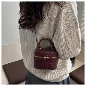 Close-up of burgundy crocodile pattern vanity case bag with gold chain strap on model