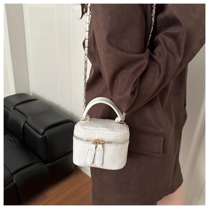 Close-up of white crocodile pattern box bag with chain strap held by a model