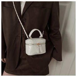 Detail of white crocodile pattern vanity case bag with gold chain strap on model