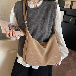 Large khaki faux suede crossbody bag with adjustable wide strap for daily commute