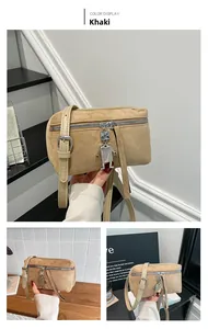 Detailansicht der khakifarbenen Wildledertasche mit Silberzipper und Roboter-Anhänger
