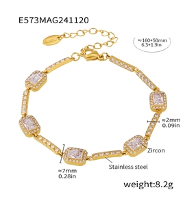 Detailed view of gold stainless steel bracelet with zircon inlay and size measurements