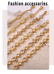Macro view of gold plated bracelets with geometric links and hand-set zircon stones