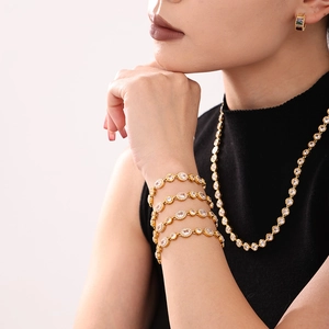 Zircon Link Bracelet Stainless Steel Gold Plated Oval Round Crystal Jewelry Gift For Women Adjustable