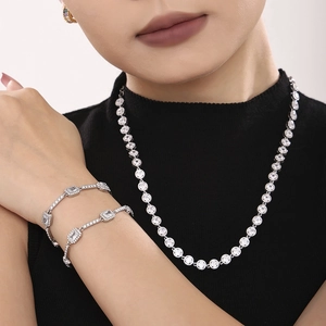 Elegant stainless steel silver necklace and rectangle cubic zirconia bracelet set