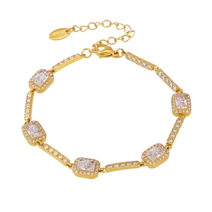 Gold plated stainless steel bracelet with rectangular zircon stones and lobster clasp