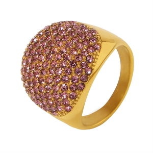 PVD gold plated dome ring featuring a dense setting of sparkling pink cubic zirconia