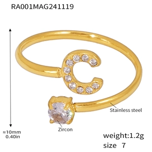 Detail view of gold stainless steel ring with zircon letter C and size specifications