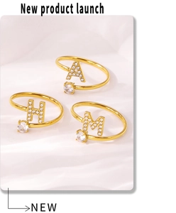 Detailed view of adjustable gold-plated letter rings with sparkling zircon inlay