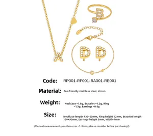 Detail set of gold PVD stainless steel jewelry with A-D initial zirconia pendants