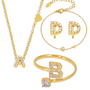 PVD gold plated stainless steel jewelry set with zircon letter pendants and earrings