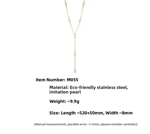 Détails et dimensions du collier en Y en acier inoxydable doré avec perles d'imitation