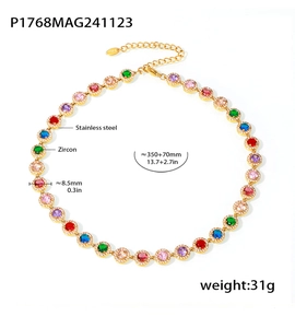 Détails du collier en zircon coloré avec chaîne en acier inoxydable doré et mesures