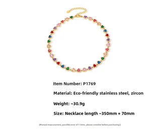 Détail du collier à cœurs en zircon coloré avec spécifications de 350 mm