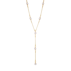 Collier élégant en Y doré avec perles blanches et maillons longs en acier inoxydable