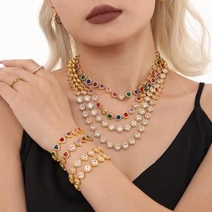 Bijoux En Acier Inoxydable Collier Et Bracelet Avec Zircon Coloré Cœur Rond Pour Femme Élégant Luxe Mode