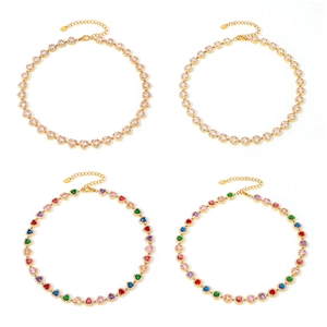 Parure bijoux en acier titane doré avec cœurs en zircon et bracelets de tennis arc-en-ciel