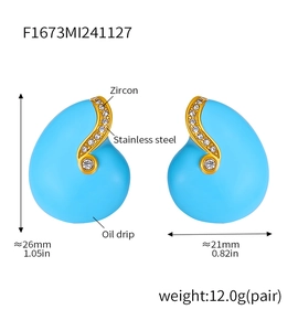Detailed dimensions of blue oil drip earrings with zircon inlay and gold PVD finish