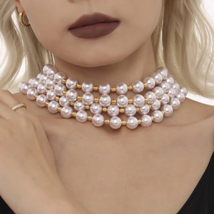 Élégant collier ras du cou en perles à quatre rangs avec perles dorées pour femmes