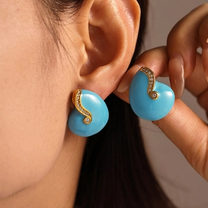 Vintage Stainless Steel Enamel Zircon Conch Stud Earrings PVD Gold Plated S-Shape Geometric Earrings For Women Jewelry