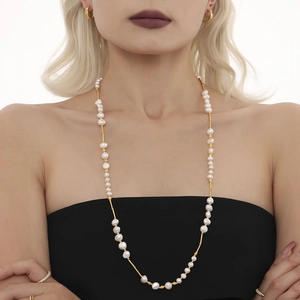 Collier Longue Chaîne De Pull Perle D'eau Douce Acier Inoxydable Plaqué Or Baroque Irrégulier Perles Élégant Femmes