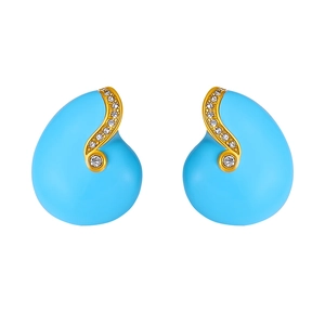 Sky blue enamel teardrop earrings with gold wave accent and pavé-set zircons on white
