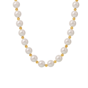 Elegant 12mm shell pearl necklace with golden metal spacers on white background