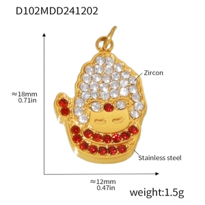 Detail of Christmas style stainless steel zircon pendant with dimensions 18mm by 12mm