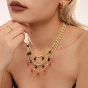 Bohemian multilayer necklace with colorful beads and waterdrop pendants on gold chain